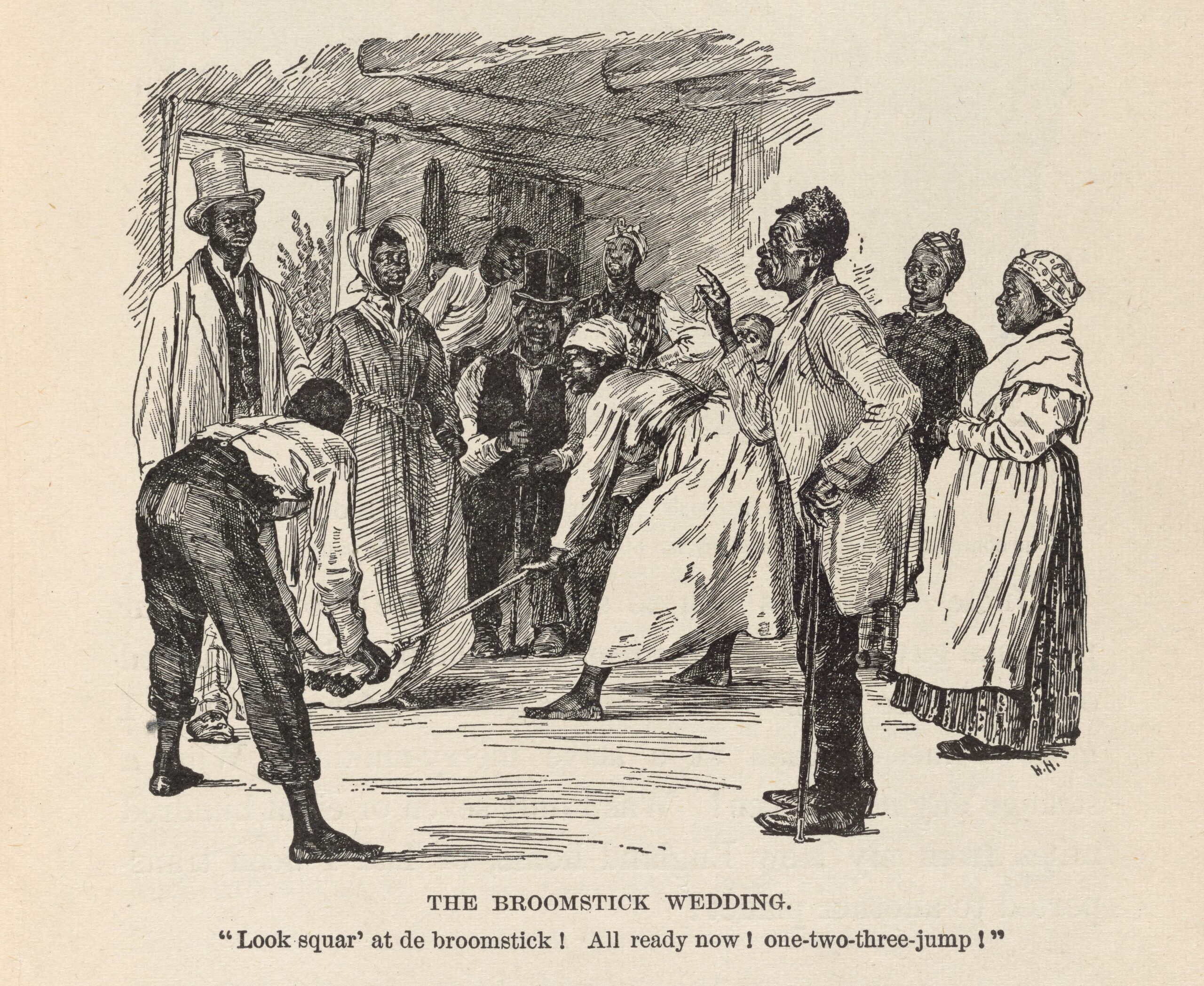 A black and white print of a large group of Black men and women surrounding a young Black couple. They wear nineteenth-century clothing. Two people hold a broom near the ground in front of the couple and an older man in the foreground raises his hand in front of the couple. The text at the bottom of the image reads "The Broomstick Wedding>"