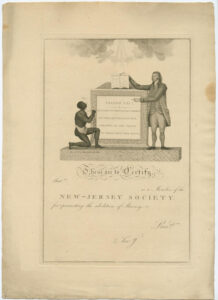 This paper is a certificate of membership for the New Jersey Society for Promoting the Abolition of Slavery. The top of the paper contains an engraving featuring a Black man kneeling at a tablet that contains a Bible verse about freedom. A white man standing on the other side of the tablet points at this text and holds open a book. Below this image is an unsigned membership certificate.