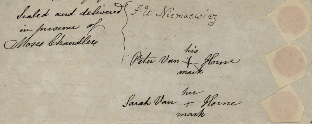 An excerpt from Peter and Sarah Van Horne's manumission document, featuring their marks and Susan Niemcewicz's signature. 