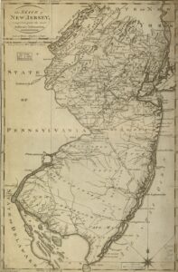 Black and white map of New Jersey from the eighteenth century.