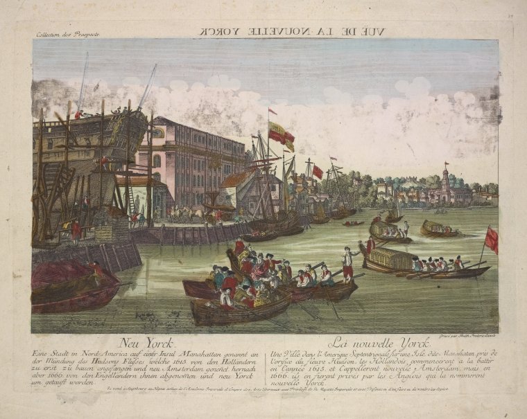 A color print of New York Harbor in the eighteenth century. Small boats rowboats are in the foreground, manned by large teams of men. Towards the left and in the background are larger ships docked in the harbor. Trees and buildings are also visible in the background.