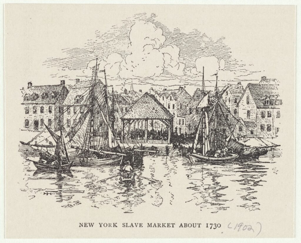 A black and white drawing of New York City's harbor in the eighteenth century. A structure along with water with no walls is in the foreground, surrounded by brick buildings and boats. The text reads, "New York Slave Market About 1730."