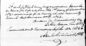 A document from 1822 recording the birth of Robert Van Horne mentioning his mother Sarah but not his father. 