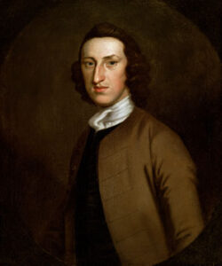 In this portrait, William Livingston's face and torso are visible. He is young and is staring forward with a serious expression. The painting is in a realistic style, and Livingston is wearing a brown coat and standing in front of a simple brown background.