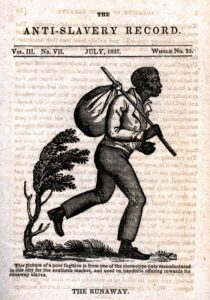 Cover page of the "Anti-Slavery Record" featuring a Black man running while carrying a bundle.