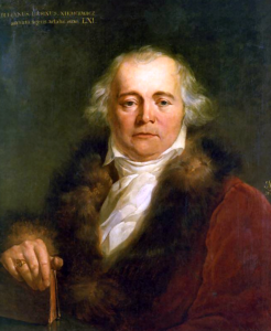 Oil painting of an older balding man dressed in a red coat with fur trim.