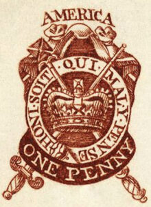 Printed emblem in red for Stamp Act featuring crown in the center with two swords going through, Latin words surrounding. America written at top with one penny written on bottom. 