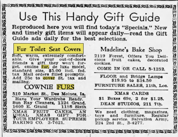 An advertisement for purchasing fur toilet seat and where. 