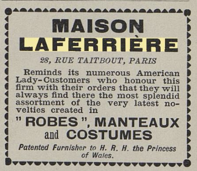 An advertisement for Maison Laferriere for robes and costumes. Text is black.