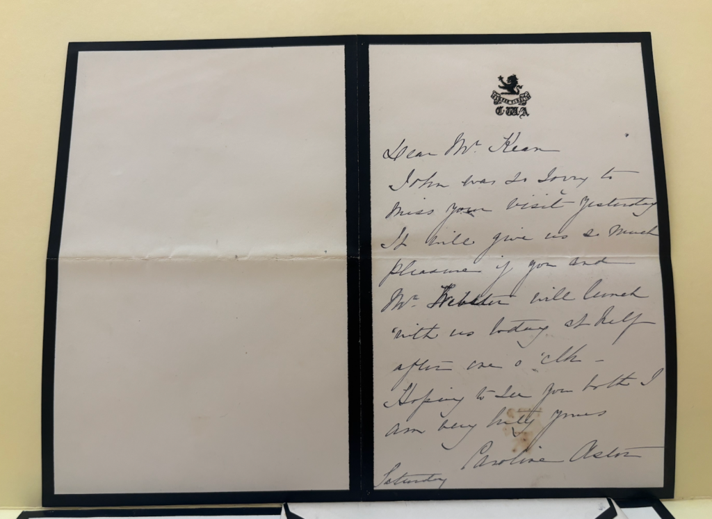 Handwritten letter from Caroline Astor to Hamilton Fish Kean.