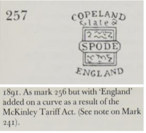 An image from a book about Spode, featuring a printed image of the maker's mark and text explaining it's date.