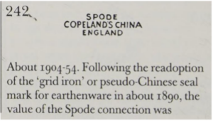 Printed image of a Spode maker's mark with an explanation of the date associated below.