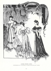 Summer Evening Dress image by Vogue. Depicts several women wearing floor length evening dresses with ruffled arm sleeves, low necklines, and decorative at the bottom of the dress.