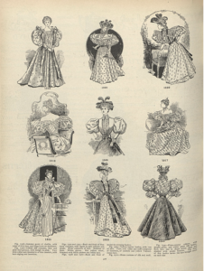 Shows different styles of dresses and accessories such as hats. The sleeves of the dresses are big and puffy.