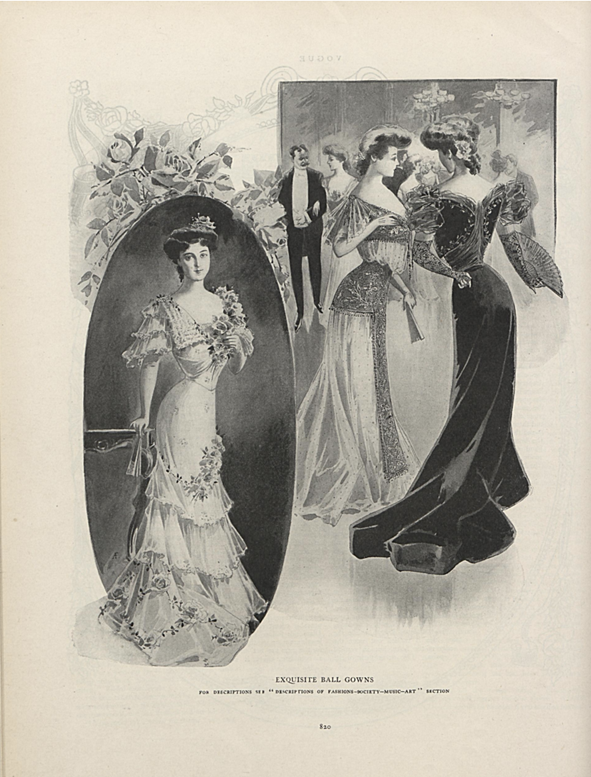 Magazine image of women wearing floor length dresses. One is depicted in an oval frame and has ruffles at the hem. The other two women are seen at a party talking to one another.