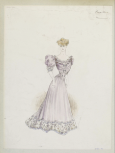 Shows a sketch of a woman in a purple flowing dress. There is detailed flowers along bottom hem, large puffy sleeves, and tight corset at waist.