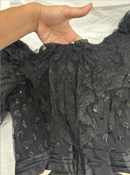 Up close image of the beading of the bodice. Shows tiny beads sewn in a pattern.